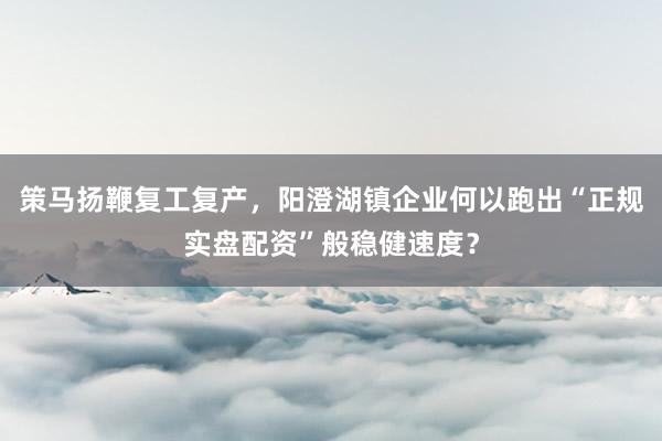 策马扬鞭复工复产，阳澄湖镇企业何以跑出“正规实盘配资”般稳健速度？